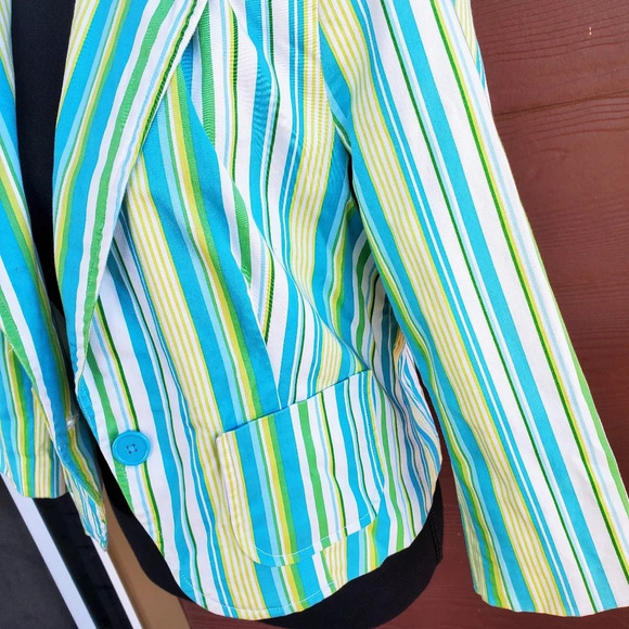 George Women’s Size 12 Turquoise White & Green Striped Long Sleeved Blazer - Picture 6 of 12